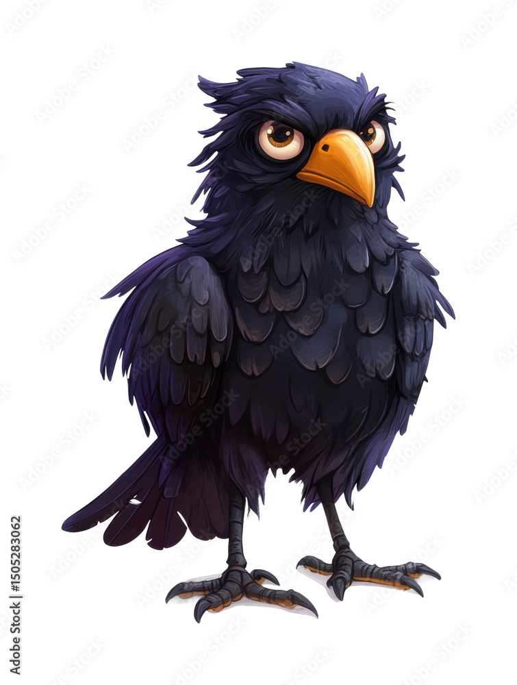 Fototapeta premium PNG Vexed cartoon raven with intense gaze and bright yellow beak