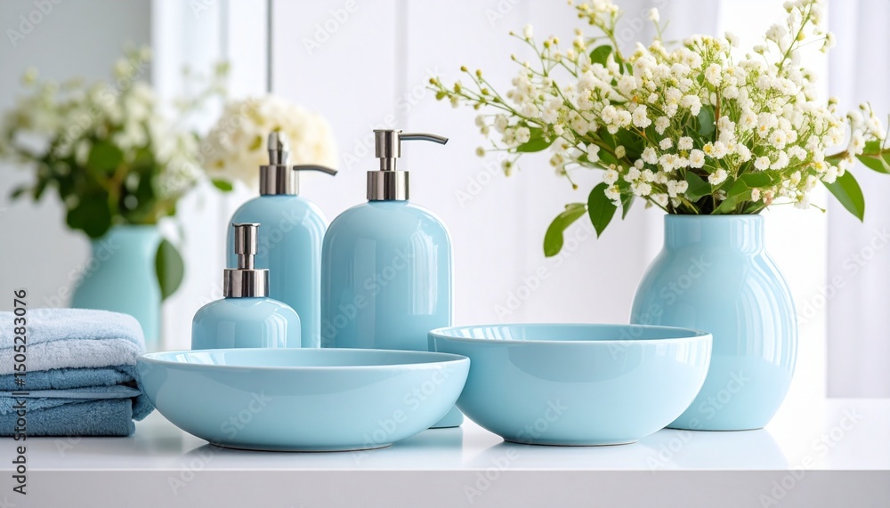 Delicate elegant ceramic decorations for bathroom - soft blue bowls, vase, white flow Delicate elegant ceramic decorations for bathroom - soft blue bowls, vase, white flow