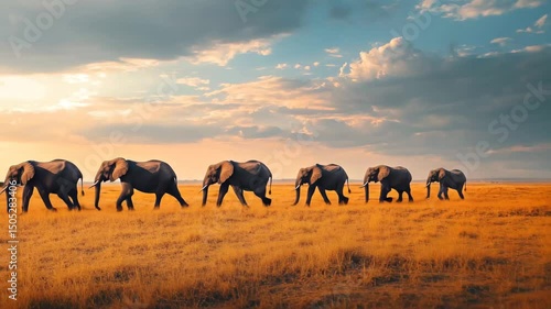 A herd of elephants walking across a field. The elephants are in a line, with the first elephant on the left and the last one on the right. The sky is cloudy, and the sun is setting, creating a warm