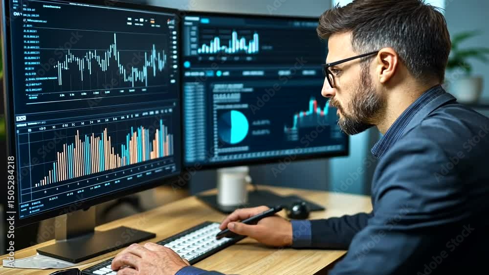 Business professional analyzes graphs on two computer screens, wearing glasses and a suit while typing Business professional analyzes graphs on two computer screens, wearing glasses and a suit while typing
