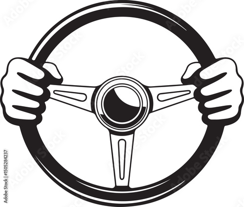 Steering wheel icon. Hands on steering wheel. Driver. Driving car. Test drive. Vector icon isolated on white background.