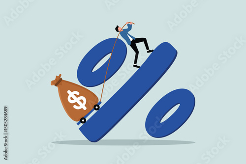 Personal loan interest rates, financial risks, debt, mortgage to pay. A man struggles to pull a heavy bag of money labeled loans up a hill at a percentage mark.