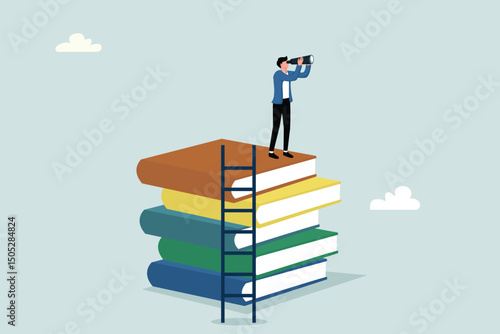 Business skills for career opportunities, reading list concept, businessman climbs ladder on stack of books to get good vision.