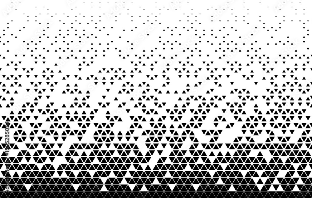 Vector background of halftones.Filled with black triangles .Average attenuation. Arbitrary destruction.Seamless in one direction