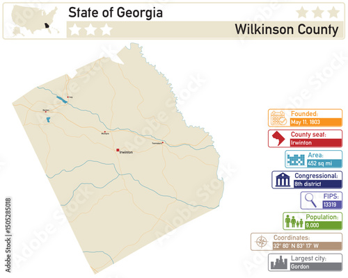 Detailed infographic and map of Wilkinson County in Georgia USA.
