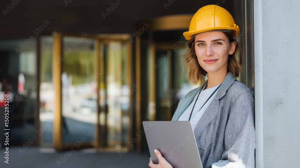 A confident female engineer, standing at a building entrance, checks her laptop and smiles toward the camera. A confident female engineer, standing at a building entrance, checks her laptop and smiles toward the camera.