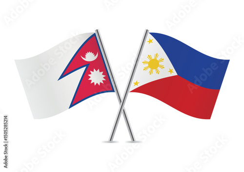 Nepal and the Philippines crossed flags. Nepalese and Philippine flags on a white background. Vector icon set. Vector illustration.