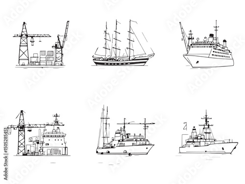 Detailed seaport line art design featuring harbor scenes