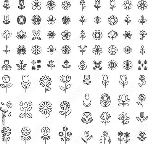 flower icons in line style set. blossom, nature, floral, garden. editable vector illustration