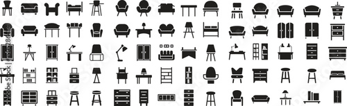 furniture icons in various style set. chair, table, sofa, interior decor vector illustration