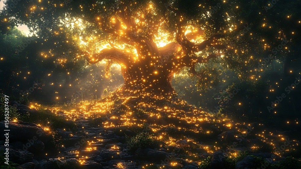 Naklejka premium Enchanting glowing tree illuminated in a mystical forest landscape in high resolution image