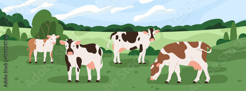 Cow grazing in pasture. Dairy milk cattle, calf on grass, green field. Rural countryside farm. Country landscape with agriculture livestock animals on grassland in summer. Flat vector illustration