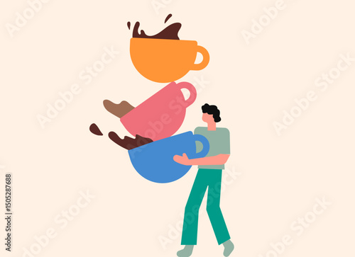 Man balancing three coffee or tea mugs, coffee tea addict illustration
