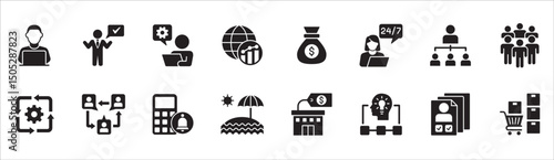 Business and management icon set. Contains symbol of businessman, target, leadership, progress, holiday, data, stock, market, accounting, training, resource, finance, service. Vector illustration