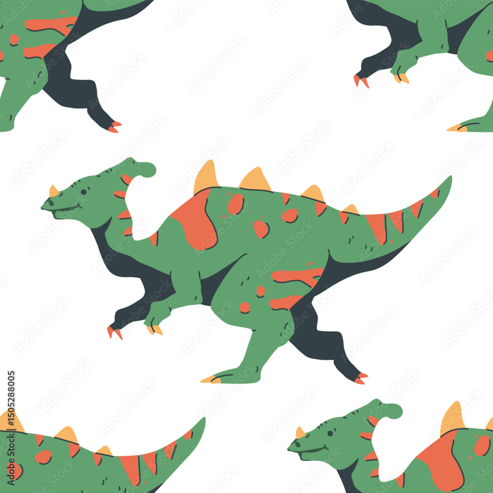 Fototapeta premium Parasaurolophus dinosaur vector cartoon seamless pattern on a white background.