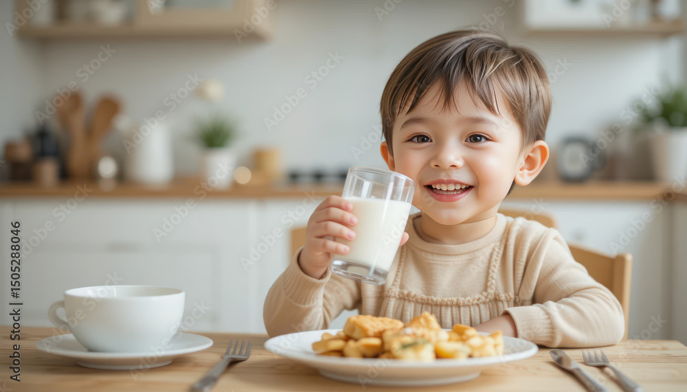 Happy child enjoying breakfast with milk and waffles at a cozy home kitchen, smiling with joy in a bright and cheerful atmosphere Happy child enjoying breakfast with milk and waffles at a cozy home kitchen, smiling with joy in a bright and cheerful atmosphere