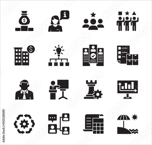 Business company Icon set. Management icon set. Contains symbol of teamwork, data, asset, stock, resource, employee, businessman, target, finance, holiday, meeting, progress. Vector illustration