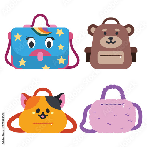 Kids bags vector cartoon set isolated on a white background.