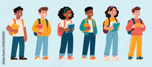 Happy diverse students standing with backpacks and books smiling, casual clothing, school education concept, cheerful youth group illustration