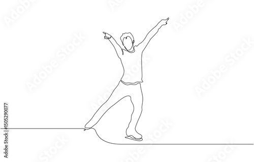 Male figure skater gliding elegantly on ice in minimalist style, continuous line drawing, Hand drawing one single continuous line of man ice skating isolated on white background.