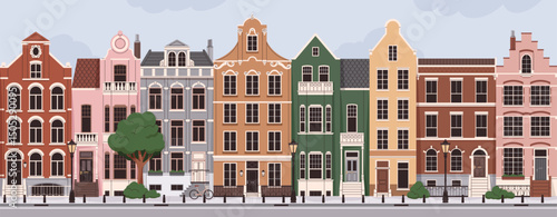 Historic UK houses in old town. Apartment buildings in row on city street. English urban architecture, facades in London. British neighborhood, residential townhouses. Flat vector illustration