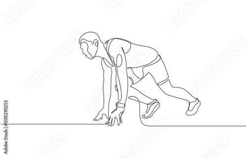 Single continuous line drawing runner using starting block to start his run on running, Running start, athlete one continuous line drawing. Vector hand drawn minimalism sport theme.