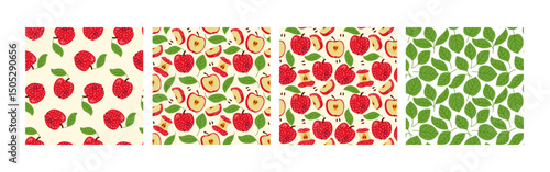 Seamless Apples Pattern set. Set of four. Red chopped and whole fruits with green leaves. Summer apple orchard. Hand drawn vector illustrations. Repeated templates for textile, wrapping, wallpaper
