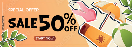 Vector banner with beach accessories and fifty percent discount. Perfect for seasonal promotions, travel campaigns, and summer product sales.
