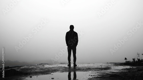 Silhouette of Man Standing in the Rain Looking out Into the Distance