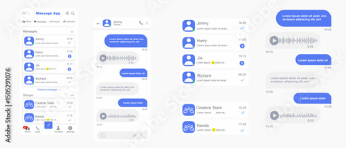 Messaging App UI Light Theme Vector, Chat Application Interface Screens Design