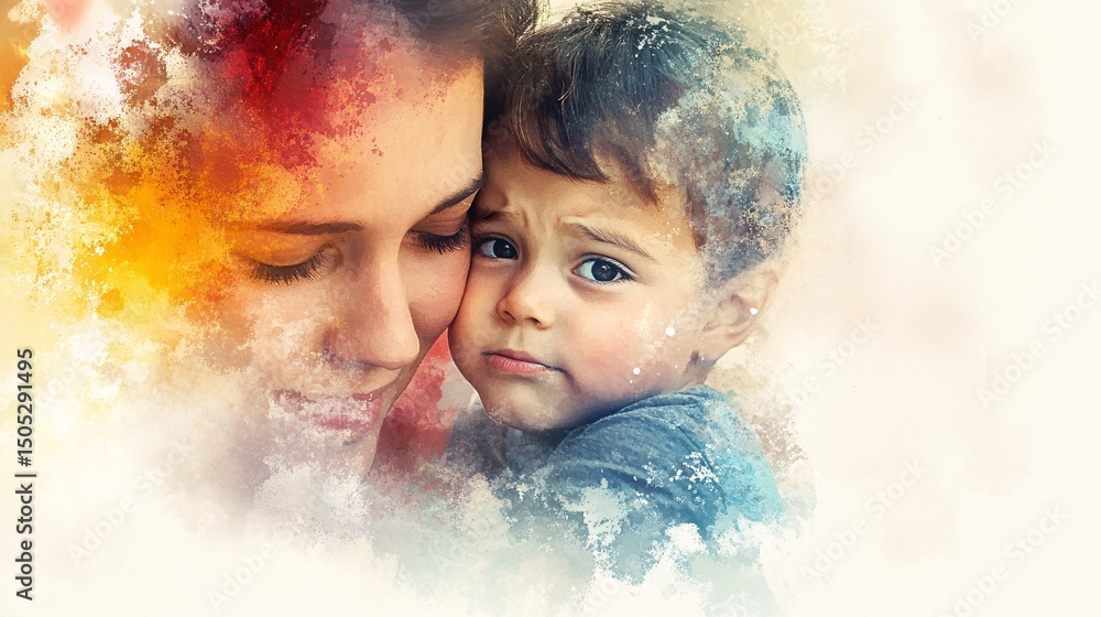 A close-up portrait of a mother and child. A close-up portrait of a mother and child.