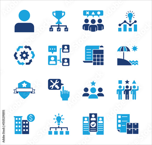 Business company Icon set. Management icon set. Contains symbol of teamwork, data, asset, stock, resource, employee, businessman, target, finance, holiday, meeting, progress. Vector illustration