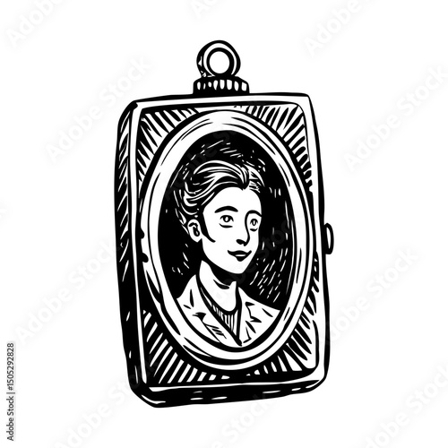 A vintage illustration depicting portrait locket