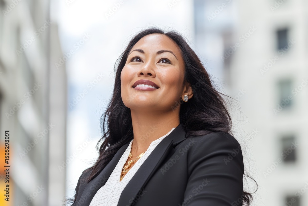 Smiling Pacific Islander businesswoman in formal clothing standing outdoors in modern city during the day, looking upward with confidence and ambition, representing global leadership and diversity Smiling Pacific Islander businesswoman in formal clothing standing outdoors in modern city during the day, looking upward with confidence and ambition, representing global leadership and diversity