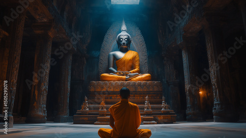 A serene moment as a Buddhist monk in orange robes bows in front of a towering Buddha statue, soft glow from lanterns lighting the ancient temple interior