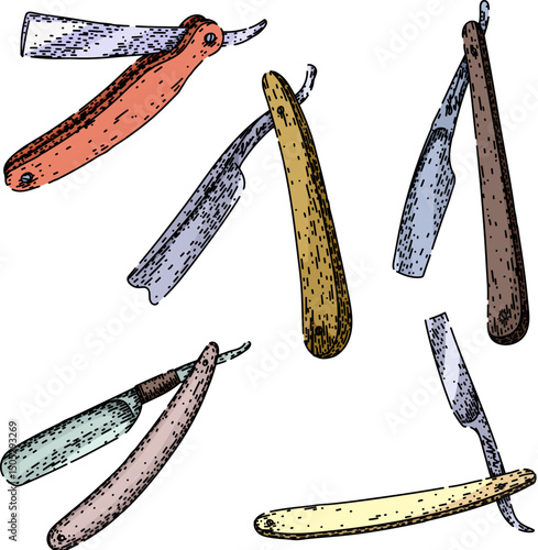 barber straight razor set sketch hand drawn vector
