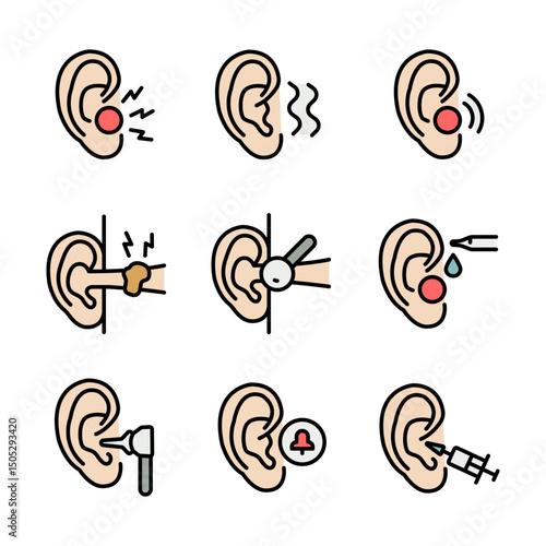 Otitis symptoms and treatment icons set. People experiencing earache, tinnitus, hearing loss and infections, using ear drops, medication and hearing aid. Vector signs for web graphics.