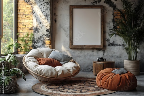 Frame mockup in cozy seating area with textured wall and greenery


