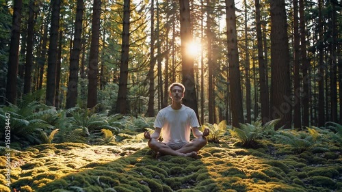 Man meditating in a serene forest, surrounded by sunlight and green nature. Concentrated male practices meditation barefoot with his eyes closed