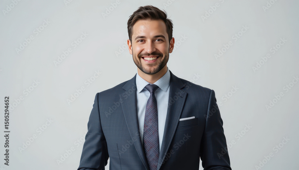 Confident businessman in professional suit smiling at camera with friendly expression in modern corporate setting Confident businessman in professional suit smiling at camera with friendly expression in modern corporate setting