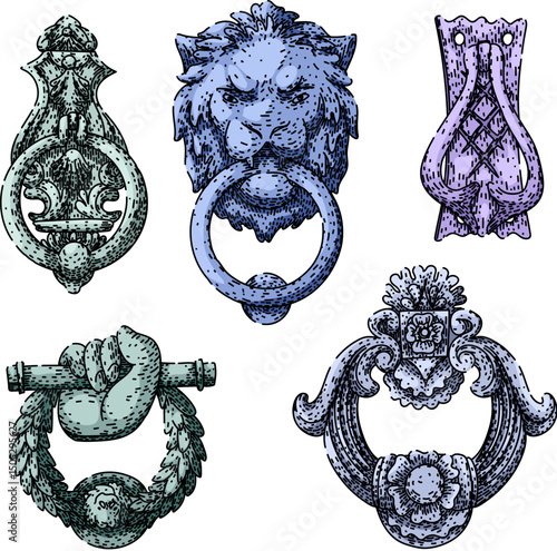 iron door knocker set sketch hand drawn vector