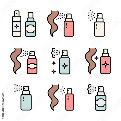 Hair care cosmetics color icons set. Hair Spray vector sign of woman beauty salon. Dry shampoo, conditioner, hair mask line sign. Woman health haircare symbol. Outline simple sign for web design isola