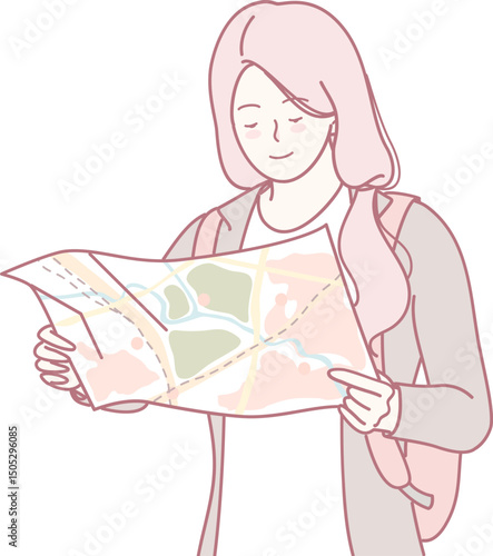 A young woman is happily enjoying her travel adventure while studying a detailed map in an urban city setting