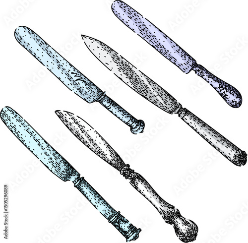 knife engraved silver set sketch hand drawn vector