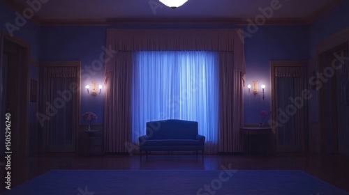 Serene, dimly lit hallway with a blue sofa centered before a large window draped in sheer curtains