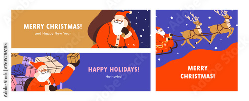 Merry Christmas banner and Xmas card design set. Winter holiday postcard and festive web header, horizontal backgrounds with Santa Claus, gift bag, presents and reindeers. Flat vector illustration