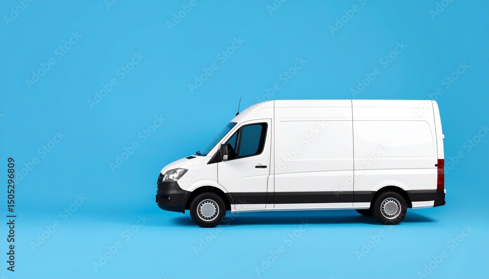 Delivery white van with space for text on blue background, panoramic banner Delivery white van with space for text on blue background, panoramic banner