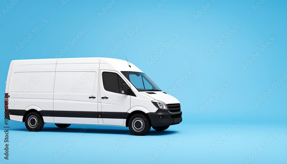 Naklejka premium Delivery white van with space for text on blue background, panoramic banner 