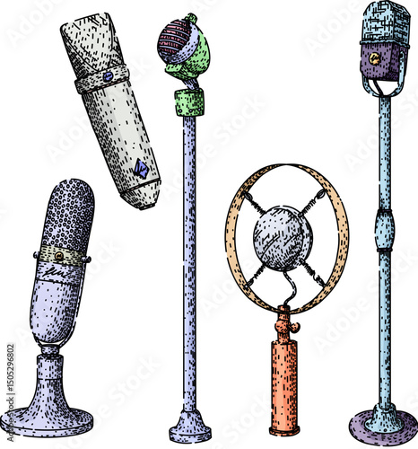 microphone set sketch hand drawn vector