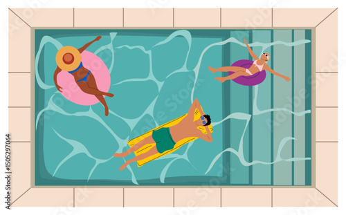 Flat vector illustration of swimming pool top view with people relaxing on floaties, rings, and air mattresses. Fun summer scene. Perfect for vacation, travel, and lifestyle designs